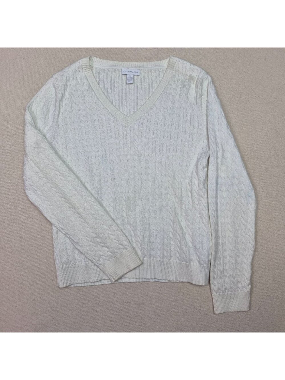 Charter Club Women's Cable Knit V-Neck Long Sleeve Cream Pullover Sweater Sz M